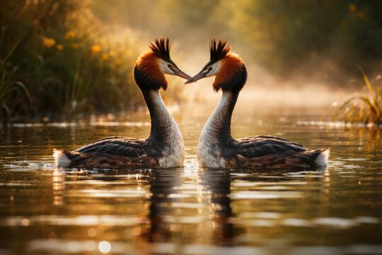 Beautiful great crested grebe performing courtship dance on a spring morning at a peaceful pond