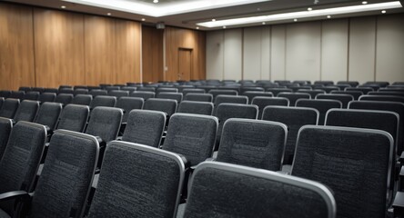 Fototapeta premium Spacious conference room showing detailed close up of empty seats