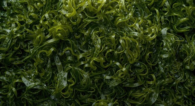 Pharmaceutical and food related top view abstract background with fresh marine edible seaweed fucus
