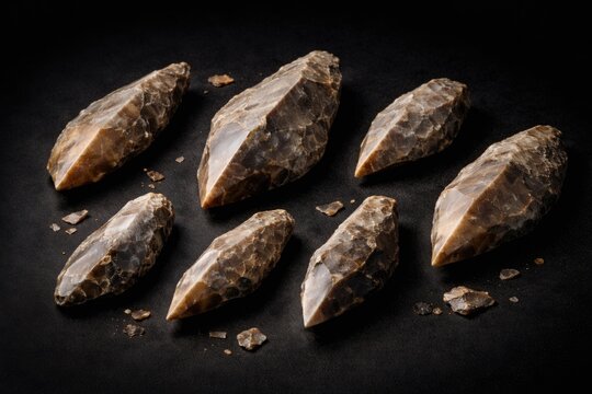 Ancient Acheulean flint burin tools displayed on black background