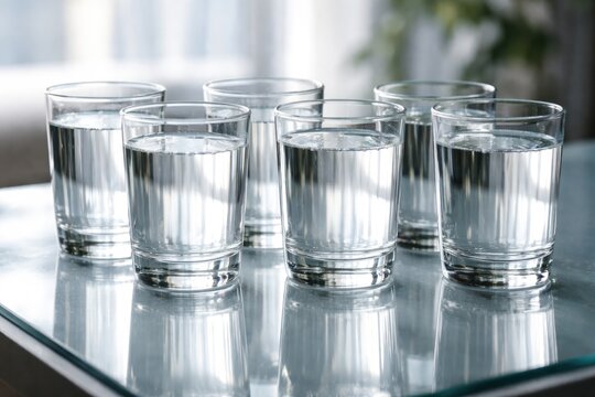 Six identical drinking glasses filled with clear liquid on a flat surface