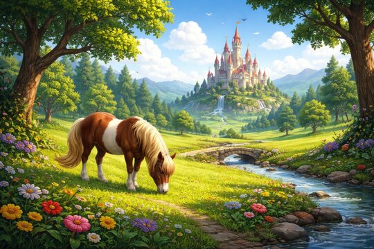Whimsical cartoon nature scene featuring a distant castle and a grazing horse