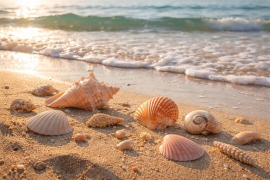 Serene seashells scattered on sandy shore with gentle ocean waves for vacation themes