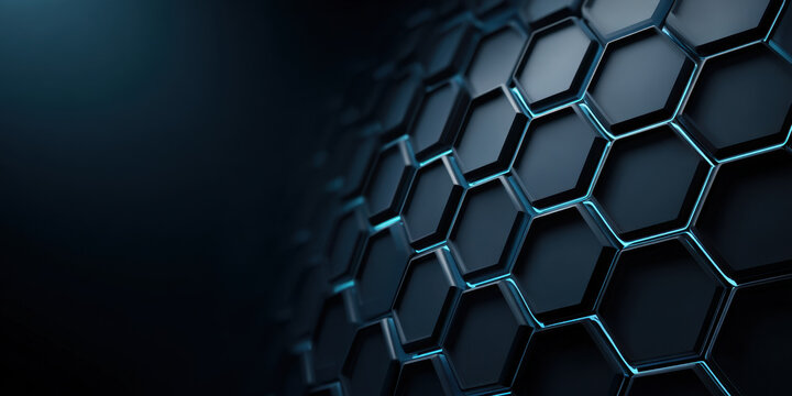 Dark minimal background with blue hexagon pattern fading to black, abstract futuristic wall design