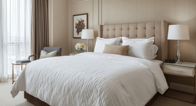 Chic luxury hotel bedroom boasting textured white duvet and calming inviting environment