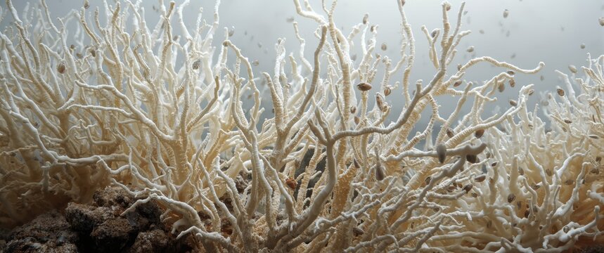 White backdrop showing beautiful white Sango coral branches and mollusks in a coral ecosystem context