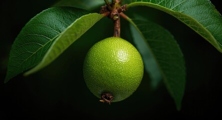 Temptingly ripe guava fruit hanging from a lively green branch