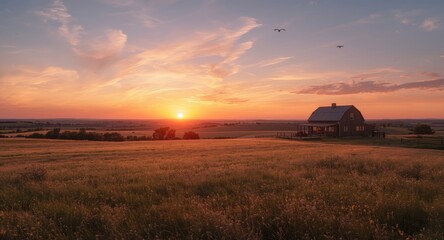 Naklejka premium Sunset brilliance bathing a tranquil rural property