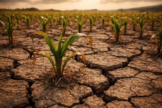 Dry cracked farm soil showing weak corn plant growth