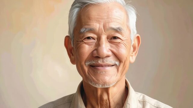 Smiling elderly Asian man portrait with grey hair and warm expression