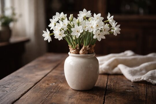 Delicate white paperwhite narcissus bulbs in a simple vase on a rustic wooden table bringing winter elegance indoors