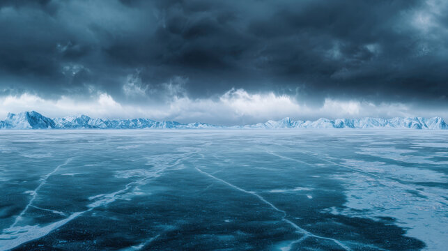 Frozen landscape with massive ice field stretching to horizon under dark storm cloud and distant mountain range, cold blue winter scene