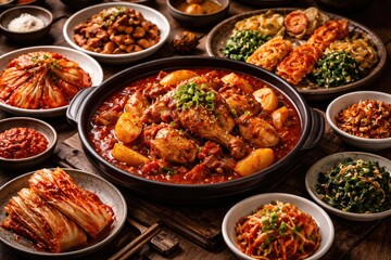 Obraz premium Traditional Korean kimchi and spicy braised chicken with seafood and vegetable side dishes