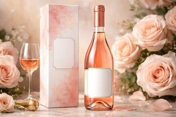 Fototapeta premium Rose wine bottle packaging design with editable label area on a brand backdrop