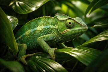 Fototapeta premium A vibrant green chameleon blending into lush tropical leaves in natural habitat