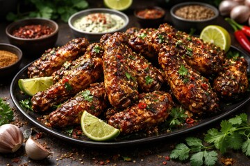 Fototapeta premium Spicy Grilled Chicken Wings Garnished with Fresh Herbs and Citrus