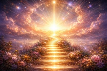 Fototapeta premium A radiant spiritual backdrop showing a glowing pathway to enlightenment with celestial light and a luminous horizon