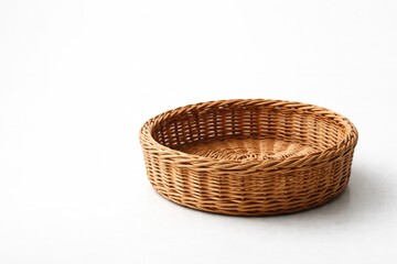 Fototapeta premium Round wicker basket with visible grain texture on white background featuring ample copy space for branding
