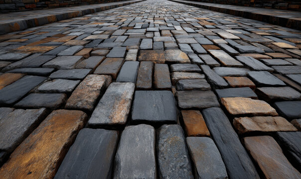 Ancient stone street flat view cobblestone path old road textured pavement perspective view outdoor walkway historic site gray stone brown stone