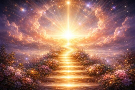 A radiant spiritual backdrop showing a glowing pathway to enlightenment with celestial light and a luminous horizon