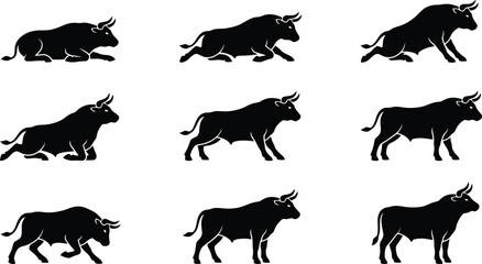 Fototapeta premium Dynamic bull silhouette vector collection. Features various poses of powerful oxen, including charging, standing, and aggressive stances. Ideal for financial market graphics and sports team logos.