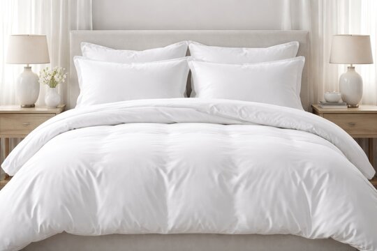 Front view of white bed linen set with pillows and duvet arranged for display