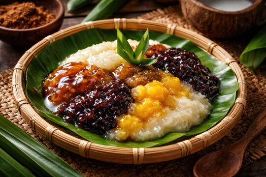 Traditional Indonesian Jenang dessert served on bamboo plate with green leaf garnish