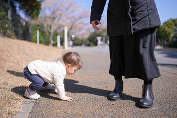 Fototapeta premium Little child crawls on sunlit pavement. Adult stands nearby, watching gently. Bright day, clear blue sky above. Soft shadows stretch across the ground. Perfect for family, parenting