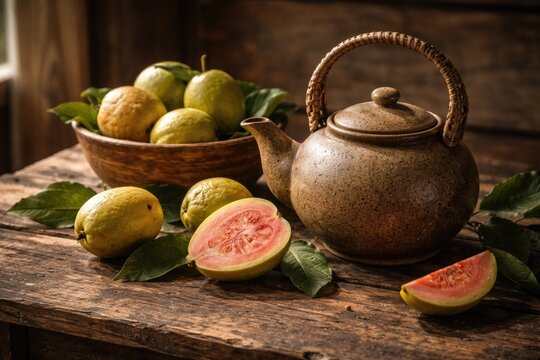 Rustic wooden table displaying a ceramic teapot and ripe guava fruits