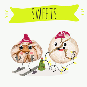 Funny Characters amaretti italy dessert, hand drawn vector illustration.