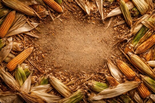 Agricultural organic waste background with corn husk texture and copy space