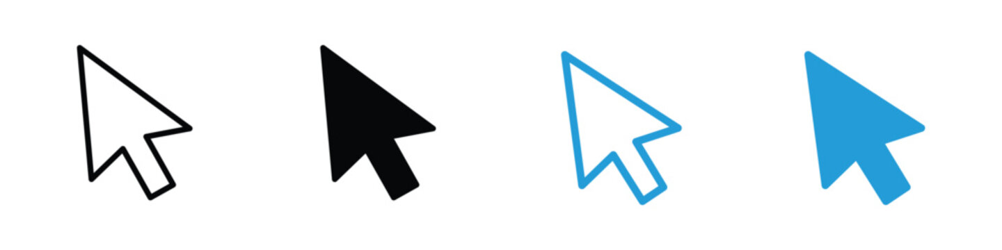 Computer mouse cursor pointer icon set in flat and outline style, click arrow symbols for apps and websites vector illustration