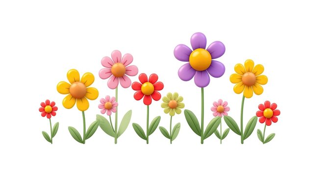 Energetic 2d cartoon flowers bursting with spring vibes on a spotless white background