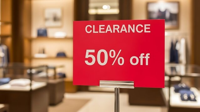 Red Clearance Sign 50 Percent Off Sale In Store.