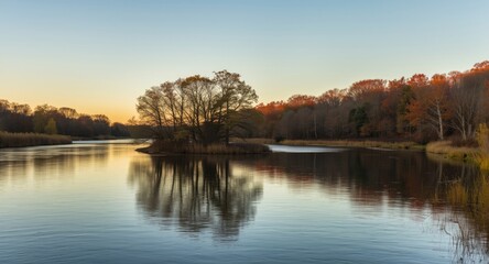 Obraz premium Tranquil river scene at twilight on a crisp fall day featuring warm sunlit trees on a small island amid calm reflective waters under a bright clear sky