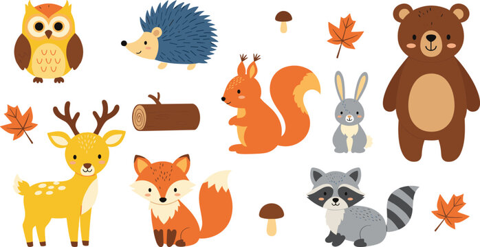 Cute Woodland Animal Vector Set Featuring Owl, Hedgehog, Deer, Fox, Squirrel, Rabbit, Raccoon, and Bear with Forest Nature Elements for Autumn Nursery Designs