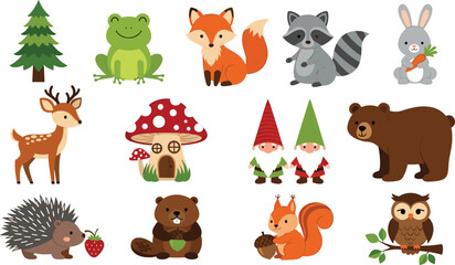 Cute Woodland Fairytale Vector Set Featuring Gnomes Mushroom House Frog Fox Raccoon Rabbit Deer Bear Hedgehog Beaver Squirrel and Owl for Nursery Decor © Mostrenu