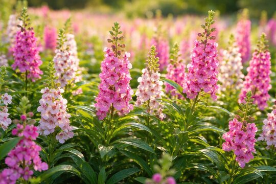 Vibrant Angelonia flowers blooming with pink and white petals surrounded by lush green leaves on a sunny summer field