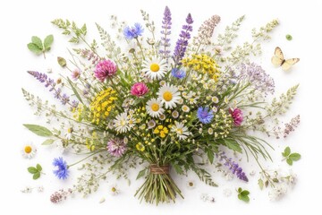 Fototapeta premium Summer wildflowers and herbs bouquet with botanical elements on white background for collage design