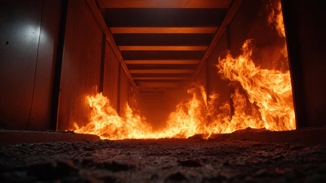 Burning waste incinerator tunnel with intense orange flame and dark metal interior
