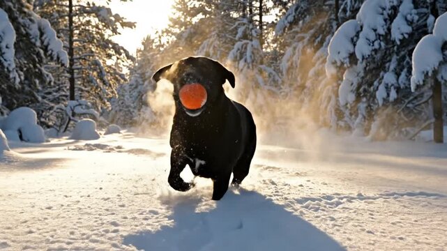 Energetic black dog playing fetch with ball in winter snow forest