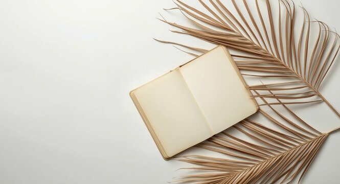 Top angle view of vintage notebook opened beside dried tropical palm leaves on white surface