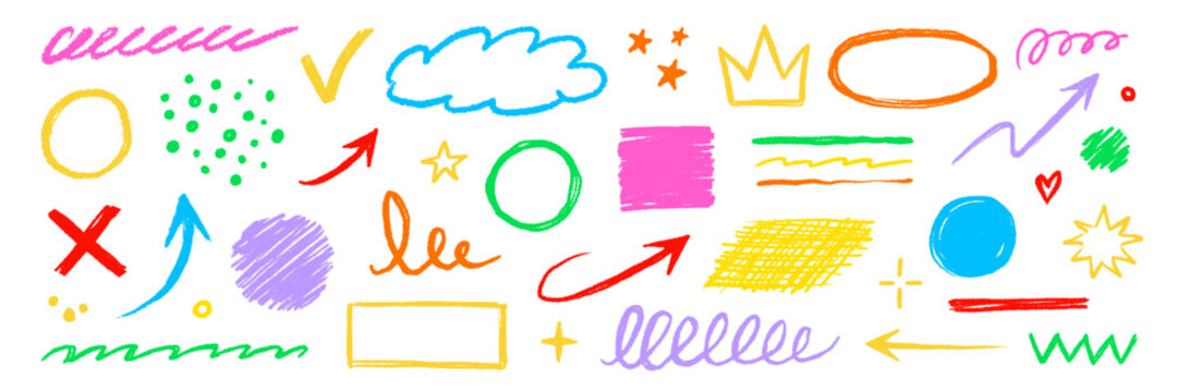 Hand drawn crayon texture pencil underline, arrow shape color element set. Scribble pastel texture brush stroke kid square, spiral, arrow hand drawn sketch abstract design. Vector illustration