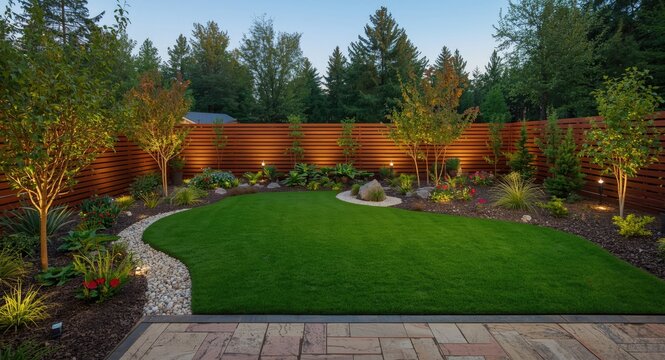 Outdoor landscaping featuring vibrant green lawn, gravel garden, and wooden sleeper accents