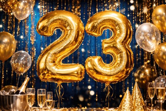 Golden Helium Balloons Shaped as Number 23 at Festive Party Table with Shimmering Decor
