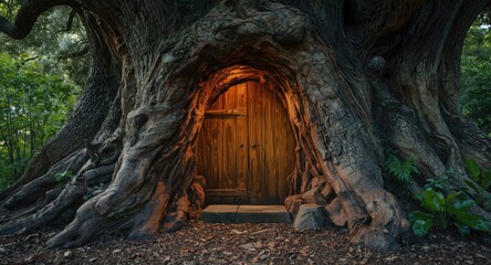 Obraz premium Whimsical door carved into a massive tree with fantasy lighting and natural textures