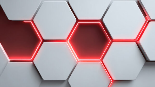 Minimal futuristic hexagon pattern white background red neon glow abstract 3d render