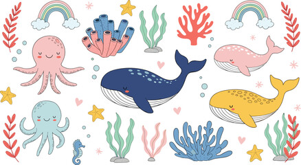 Whimsical Ocean Life Vector Set Featuring Pastel Whales, Octopuses, Seahorses, Rainbows, and Colorful Coral Reef Elements for Nursery Wall Art and Kids Stationery © Mostrenu