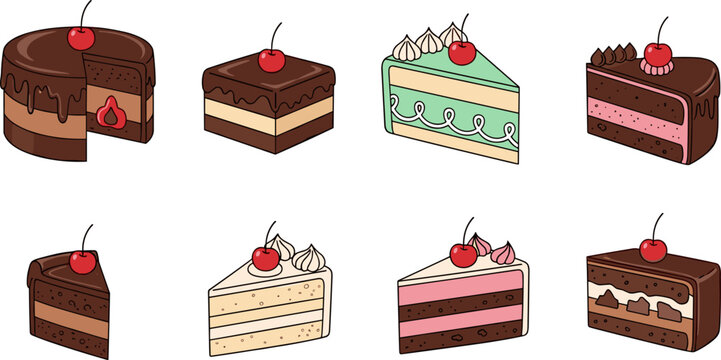 Cake Slice Dessert Set Collection with Chocolate, Cream, Strawberry, and Layered Pastry Sweet Bakery Vector Illustration