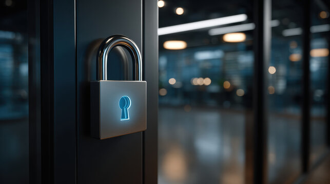 Digital lock on glass door in modern office interior, glowing security icon and blurred background, cyber protection and access control concept